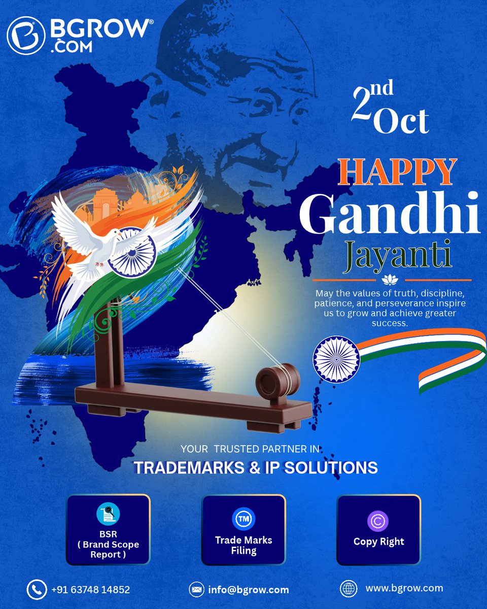Bgrowindia's tweet photo. Happy Gandhi Jayanti 2026 ๐ฎ๐ณ | Truth โข Peace โข Discipline
Bgrow Solutions Pvt Ltd
๐ 6374814852 | โ๏ธinfo@bgrow.com
๐ https://t.co/Gdn08qikId
#BGROW #GandhiJayanti #GandhiJayanti2026 #MahatmaGandhi #Trademark #Copyright #IPSolutions #BrandProtection #India #BusinessIndia https://t.co/NjC0xJFH2l