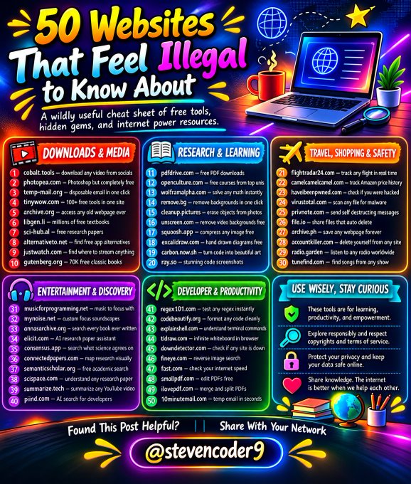 Bably4djp's tweet photo. 🌐 50 Websites You’ll Wish You Knew Sooner! 🔥
Useful tools for AI, research, productivity, downloads &amp; more. 🚀
🔖 Save for later &amp; share with your network!

#Websites #AITools #Tech #Productivity #UsefulTools https://t.co/9udxy2Ov2Y