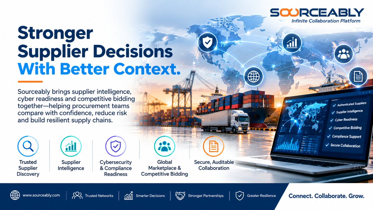SOURCEABLYUSA's tweet photo. The strongest supplier decision starts with context, not price. Sourceably connects supplier intelligence, cyber readiness and competitive bidding so procurement teams can compare with confidence, reduce risk and build resilience.

#Sourceably #SupplierIntelligence #Procurement https://t.co/m0eVDlV32V