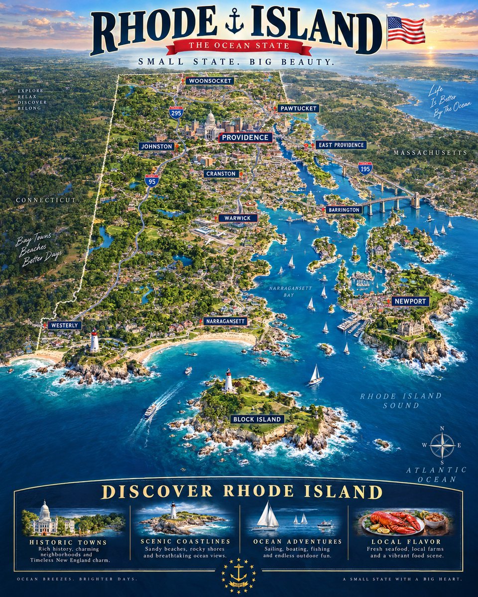 kctgabilanza's tweet photo. Small state, endless coastal magic. Rhode Island — where every road leads to a beautiful view. 🌊

#RhodeIsland #TheOceanState #TravelUSA #Newport #Providence #CoastalEscape #Wanderlust #ExploreRhodeIsland #TravelPoster #TripOn #TripOnUS https://t.co/yJAkoMSyzJ