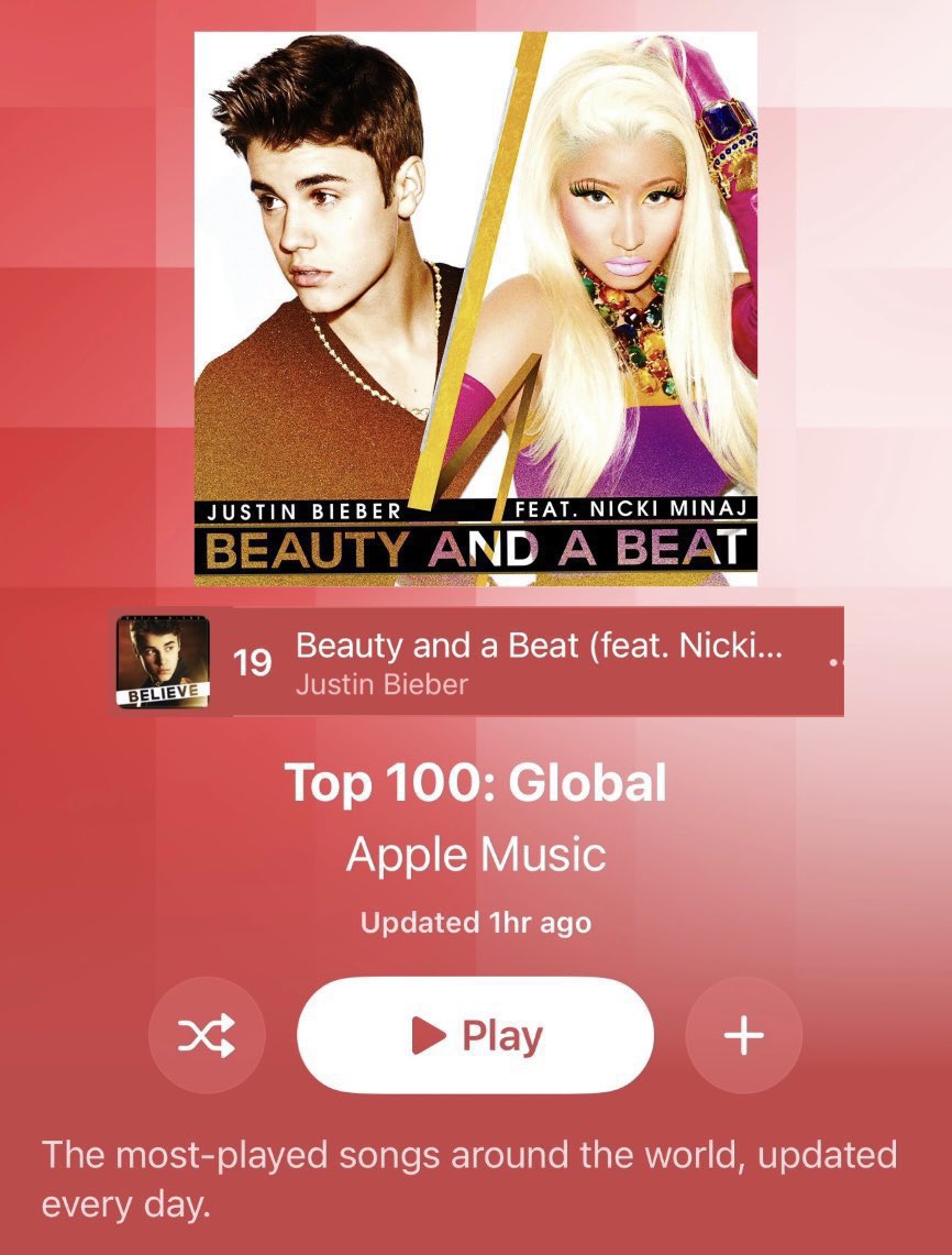 AndrewMinaj99's tweet photo. Justin Bieber &amp; Nicki Minaj Beauty And A Beat remains stable at #19 on Today’s Apple Music Top 100: Global Chart.

@NICKIMINAJ is the ONLY female rapper to appear on the chart 🎀 https://t.co/uHiSMM4iAG