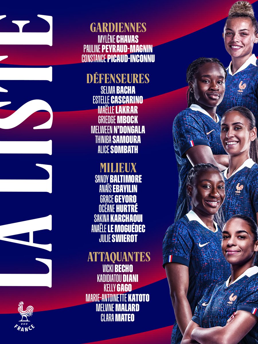 equipedefranceF's tweet photo. 𝐋𝐀 𝐋𝐈𝐒𝐓𝐄 📋 

Voici les 𝟐𝟑 𝐁𝐥𝐞𝐮𝐞𝐬 sélectionnées par Laurent Bonadei pour affronter la Lettonie en match amical 🇱🇻  

𝐅𝐞́𝐥𝐢𝐜𝐢𝐭𝐚𝐭𝐢𝐨𝐧𝐬 à Océane Hurtré pour sa première convocation avec les A 👏 https://t.co/mic90AcEl6