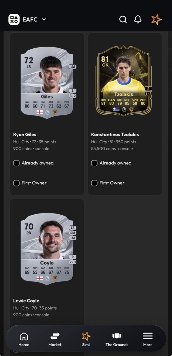 SimStarAI's tweet photo. Thanks to TOTW Tzolakis, you can now get an S tier grade for Hull City in the Gallery. SimStar aids you in the gallery in seconds; by giving you realtime information about the total card prices for each set on both console and PC. Try it out here https://t.co/McQ6hAGlAR https://t.co/CMrYtig3ZZ
