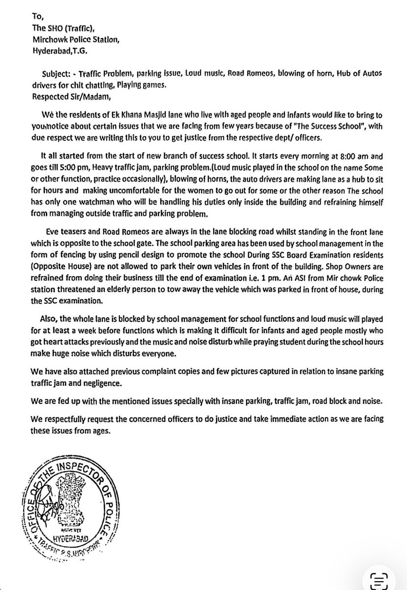 syedaskarialir1's tweet photo. @HYDTP @hydcitypolice @DCPTraffic1Hyd @shotr_mirchowk @psmirchowk @CPHydCity @asadowaisi Thank you for your prompt response, Sir. I truly appreciate it.

The issue concerns Success The School, located at Ek Khana Masjid Lane, Purani Haveli. I kindly request you to review the complaint trail and take the necessary action to address the issue at the earliest. https://t.co/LI3VrZS8Iq