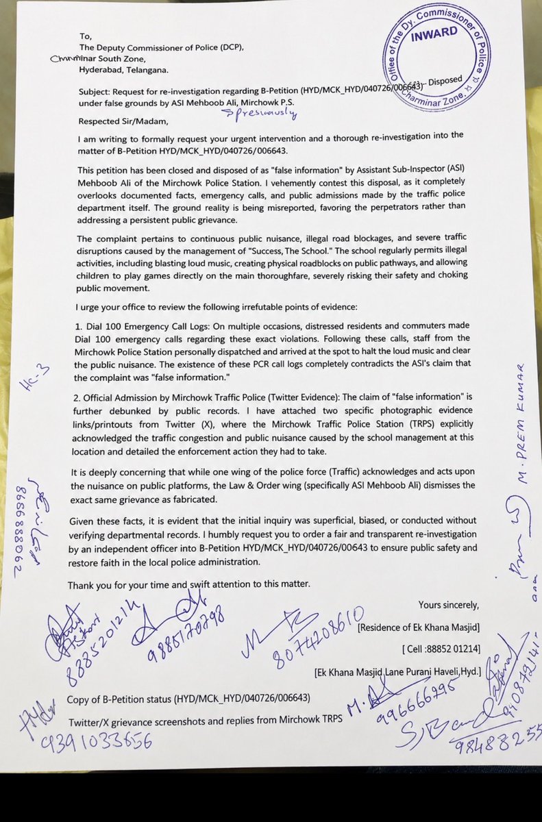 syedaskarialir1's tweet photo. @HYDTP @hydcitypolice @DCPTraffic1Hyd @shotr_mirchowk @psmirchowk @CPHydCity @asadowaisi Thank you for your prompt response, Sir. I truly appreciate it.

The issue concerns Success The School, located at Ek Khana Masjid Lane, Purani Haveli. I kindly request you to review the complaint trail and take the necessary action to address the issue at the earliest. https://t.co/LI3VrZS8Iq