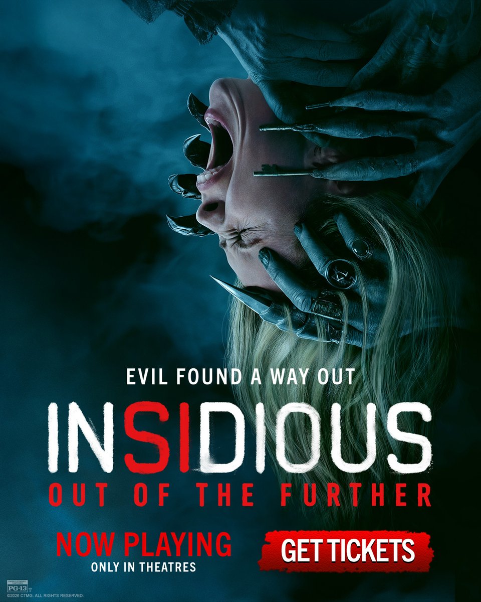 R_aai's tweet photo. Photo by GoldenTicketCinemas on August 21, 2026. A poster reads: “Evil found a way out. Insidious: Out of the Further. Rated PG-13. Now playing only in theaters. Get tickets. https://t.co/mqG0vihqSK