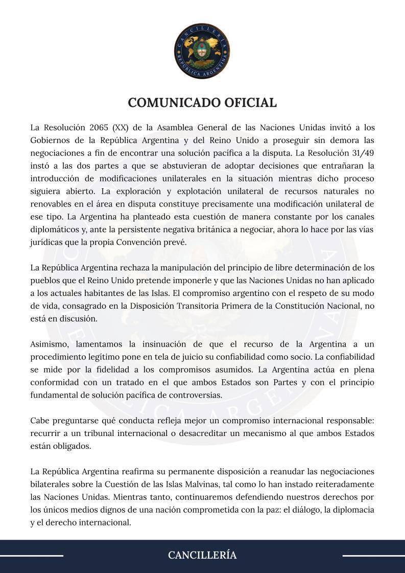 pabloquirno's tweet photo. Comunicado Oficial sobre la Causa Malvinas - Español https://t.co/Mk898T3m5O