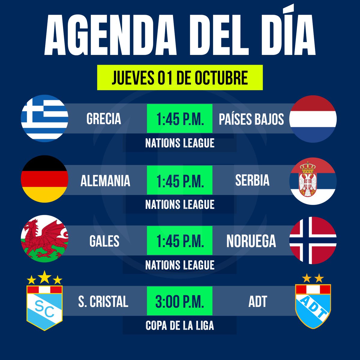 gilmer_oficial's tweet photo. ¡𝐀𝐆𝐄𝐍𝐃𝐀 𝐃𝐄 𝐇𝐎𝐘! ⚽🔥
Arranca la fecha 3 de la Nations League. Además, Sporting Cristal recibe a ADT por la semifinal vuelta de la Copa Caliente de la Liga.

#NationsLeague #CopaDeLaLiga https://t.co/hp5vI5YJGD