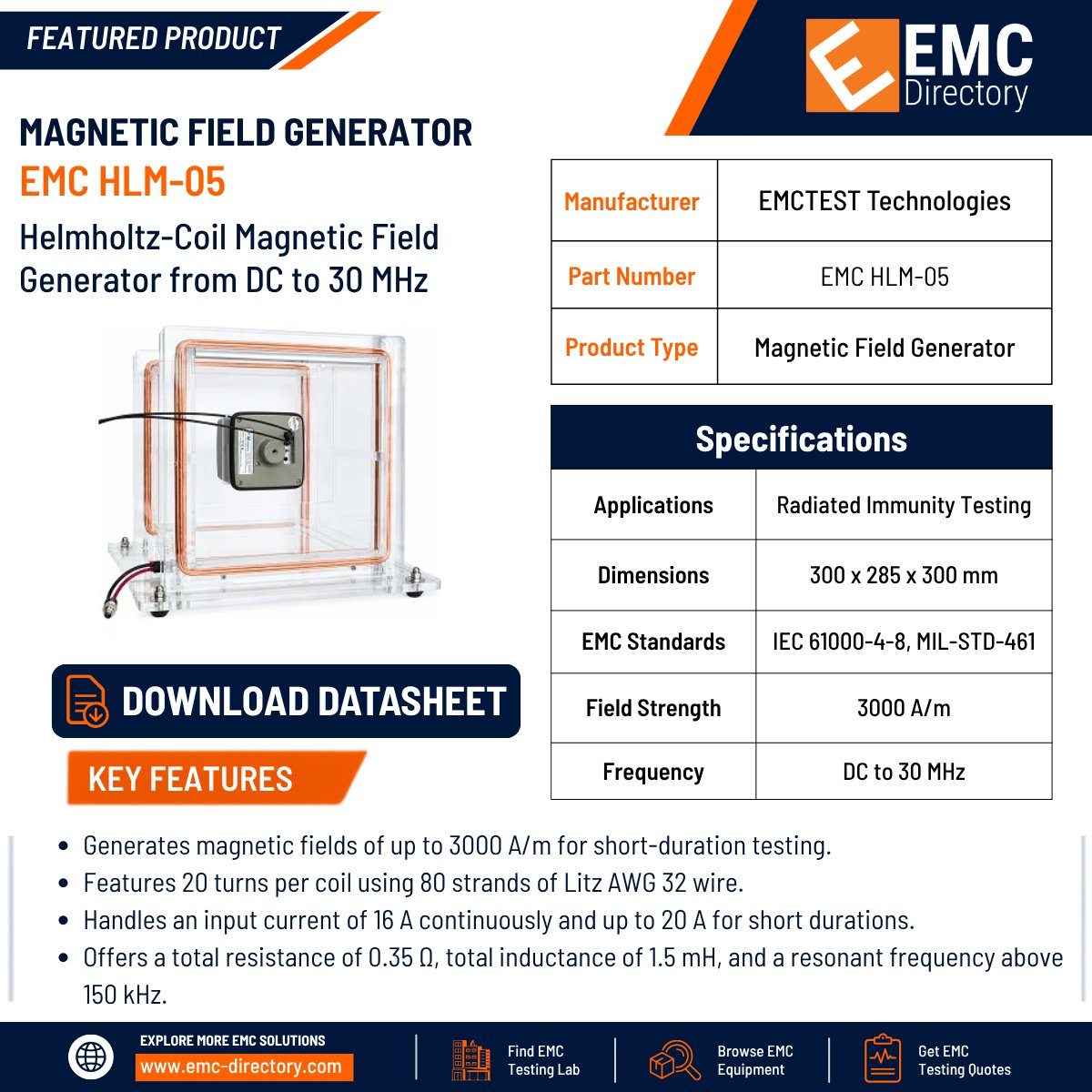 emcdirectory's tweet photo. The EMCTEST Technologies's EMC-HLM-05 is a compact Helmholtz coil designed to generate precisely defined magnetic fields from DC to 30 MHz.
Read more: https://t.co/XPwzzFkqQN
#MagneticFieldGenerator #EMC #ImmunityTesting #IEC6100048 #EMCTesting #ElectromagneticCompatibility https://t.co/CwPYT7NaW6