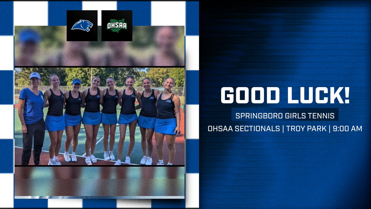 Boro_Panthers's tweet photo. SECTIONAL FINALS. 
DISTRICT BOUND.🎾

Good luck to our Springboro girls tennis players competing in the sectional finals today! Every Springboro Panther on the court today has already earned a spot at next week’s district tournament. All SEVEN!!!

Let’s go, BORO!🔵⚪ https://t.co/FVqrzwSRZq