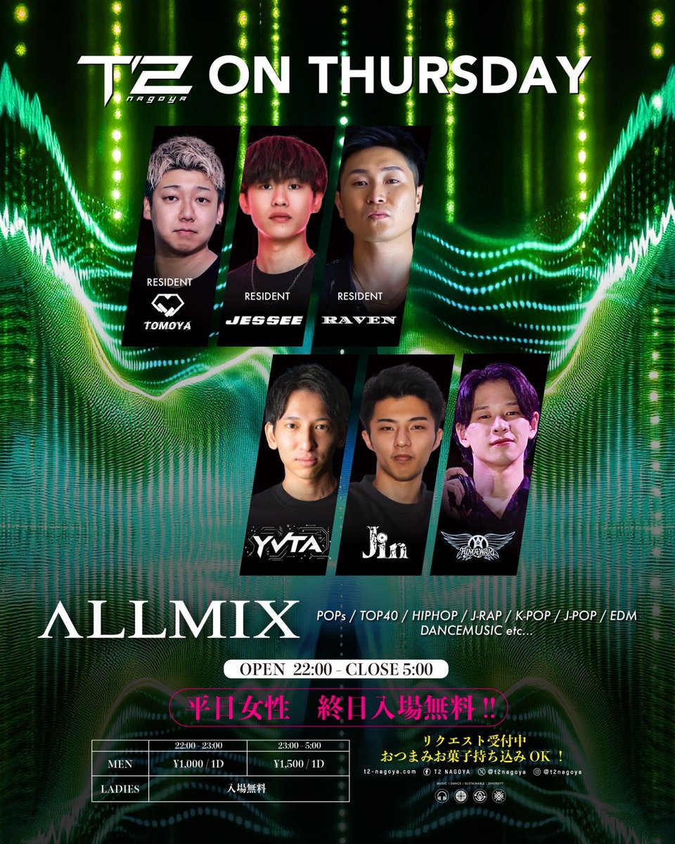 t2nagoya's tweet photo. Tonight‼️
🟩EVERY THURSDAY PARTY🟩
『T2 ON THURSDAY』

⏰OPEN: 10:00pm〜5:00am

🔊GENRE: ALLMIX

DJ's
TOMOYA @dj_tomoya_ 
Jessee @dj_jessee 
RAVEN @96_raven_08 
YVTA
Jin https://t.co/EcalRhbjAv