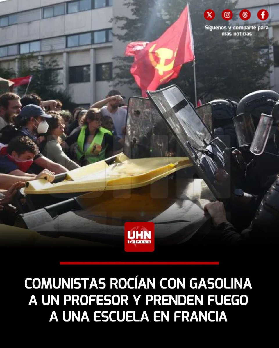 UHN_Plus's tweet photo. 🇫🇷‼️ | Las protestas estudiantiles que sacuden Francia se volvieron violentas este jueves. En Marsella, comunistas rociaron con gasolina al director de una escuela secundaria y le prendieron fuego a una escuela en Nantes. La situación escaló cuando cientos de manifestantes rodearon un camión de bomberos que había llegado para controlar el incendio y obligaron a los bomberos a abandonar el vehículo antes de incendiarlo.