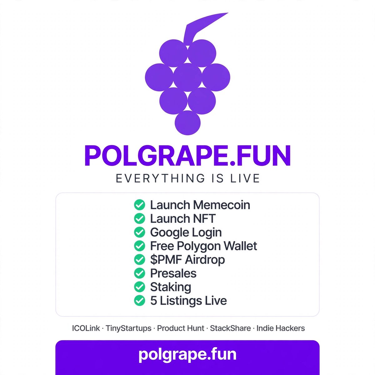 Polgrapefun's tweet photo. 🍇 EVERYTHING IS LIVE on @Polgrapefun

✅ Launch Memecoin &amp; NFTs
✅ Google Login + Free Wallet
✅ $PMF Airdrop
✅ 5 Listings Live

Create the meme. Build the community.

👉 https://t.co/Jt8nZQMzXn https://t.co/h6ZXV59E9q