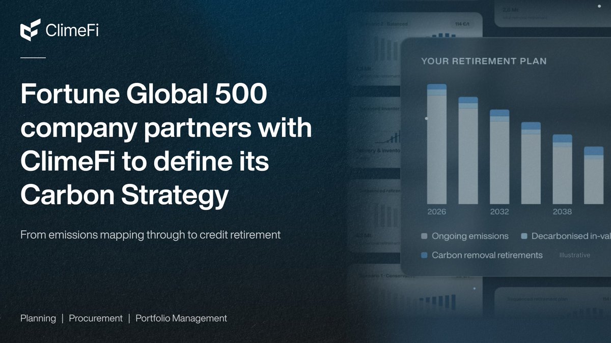 ClimeFiHQ's tweet photo. We are delighted to share that ClimeFi has partnered with a Fortune Global 500 company to help shape &amp; provide holistic support across the full lifecycle of its Carbon Strategy.

Read the blog: https://t.co/xOFGXyfIOZ

Explore our Carbon Strategy services: https://t.co/n9r2lo1fYP https://t.co/BtMHueudBX