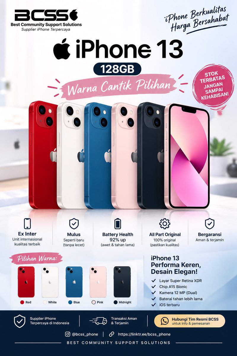 bcss_phone's tweet photo. 🍎 PROMO SPESIAL iPHONE 13 128GB 🍎

✨ Warna Cantik, Pilihan Terbaik! ✨

Cari iPhone berkualitas dengan harga bersahabat? Saatnya miliki iPhone 13 128GB dengan desain elegan dan performa yang tetap kencang! 

📍 Instagram: @bcss_phone
🔗 https://t.co/fOkAdqTI9e

#BCSS #iPhone13 https://t.co/9ZzfAABria