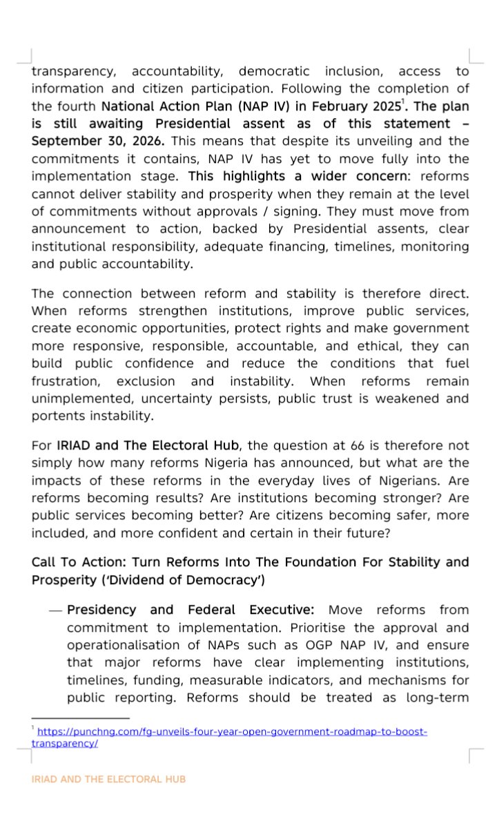 IRIADEV's tweet photo. Nigeria at 66: When will the crawling stop and we start walking?

IRIAD &amp; The Electoral Hub Independence Statement is out.
At 66, we need reforms to become RESULTS, not just promises.

Read the full statement below 👇 👇 👇 

@ElectoralHub @NigeriaGov @NGRPresident https://t.co/YdATbqiVO1