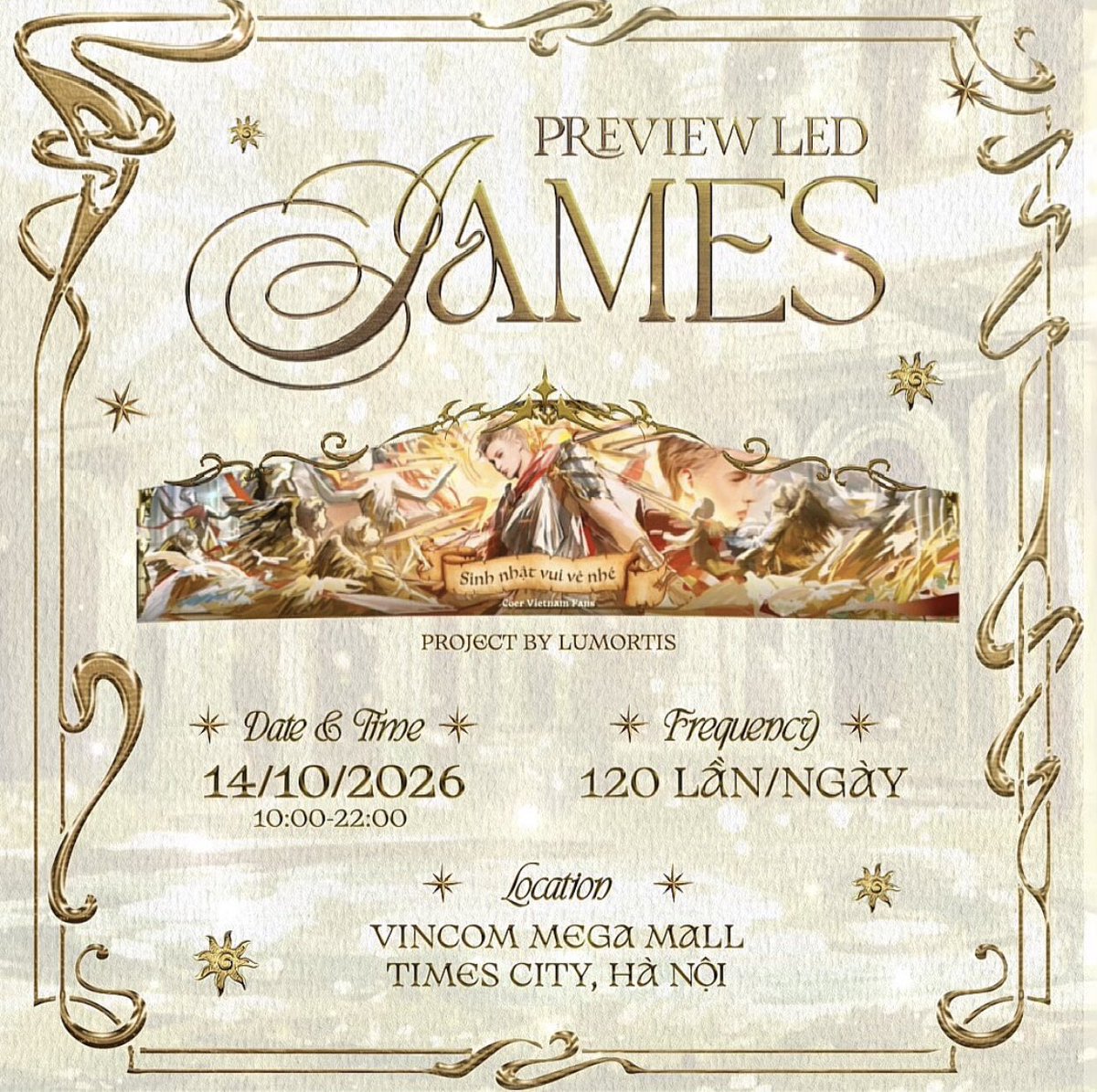 banna10w's tweet photo. 🎂 VIETNAM LED ADVERTISEMENT PREVIEW 🎂
JAMES BIRTHDAY PROJECT 💖
베트남 팬들이 준비한 제임스의 생일 축하 LED 전광판 광고 프리뷰를 공개합니다! 🇻🇳✨
📍 장소 (Location)
Vincom Mega Mall Times City, Ha Noi, Vietnam  
🗓 일시 (Date & Time)
2026.10.14 | 10:00 - 22:00  
🔄 송출 횟수 (Frequency)
1일 120회 (120 times/day)  
🎨 Project by LUMORTIS
📸 Photo Credit @noctisj_s 님께 사진 사용 허가를 받았습니다.  
제임스의 생일을 함께 축하해 주세요! 많은 관심과 방문 부탁드립니다 🤍
#JAMES #제임스 #HappyJamesDay #HappyBirthdayJames #LED_PROJECT #Vietnam