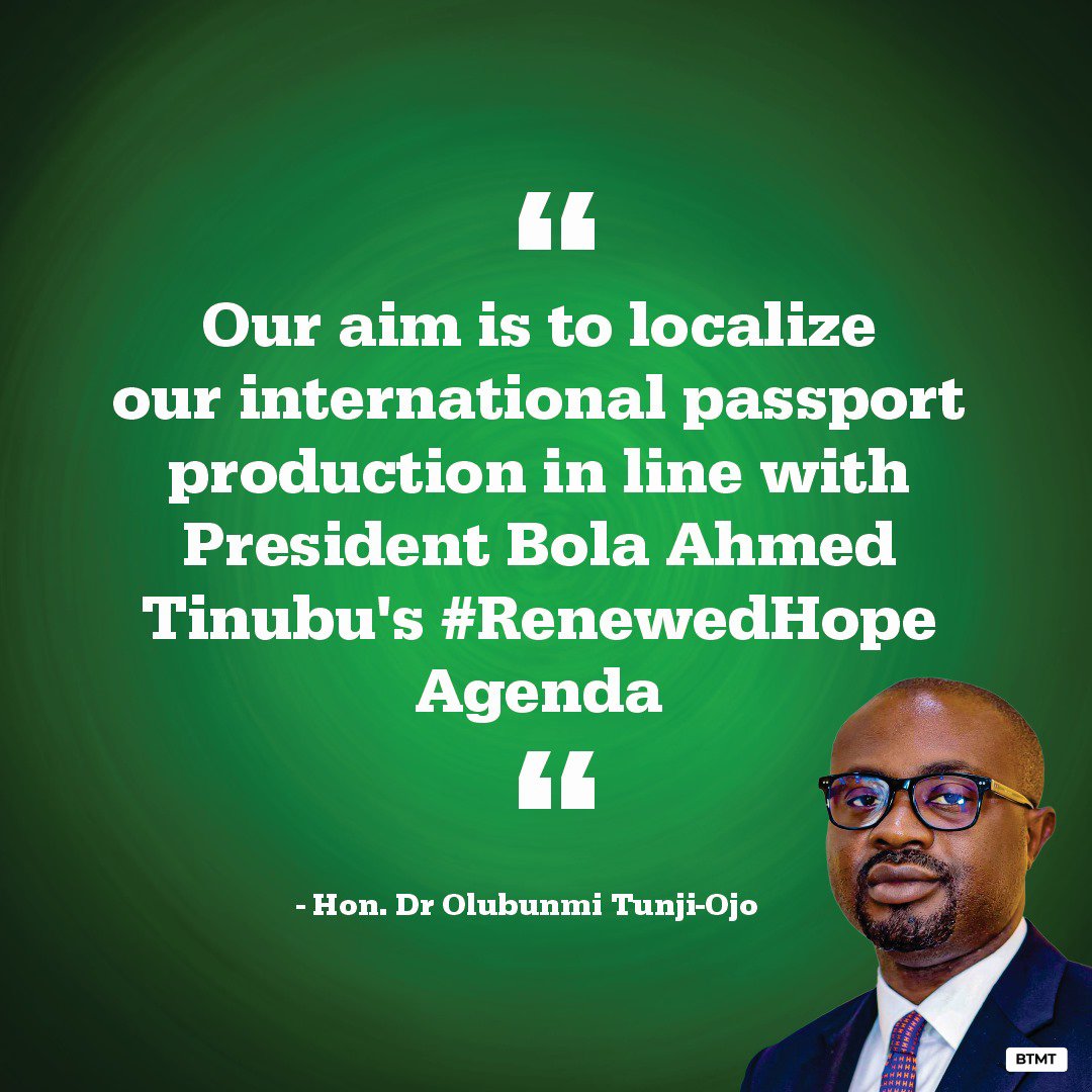 OOdetoye53952's tweet photo. " Our aim is to localize our international passport production in line with President Bola Ahmed Tinubu's # RenewedHope Agenda "-Hon.Dr.Olubunmi Tunji-Ojo.
#TinubuInMOI
#UseContactless
Olubunmi Tunji-Ojo
President Bola Ahmed Tinubu https://t.co/SHVndaJb7k