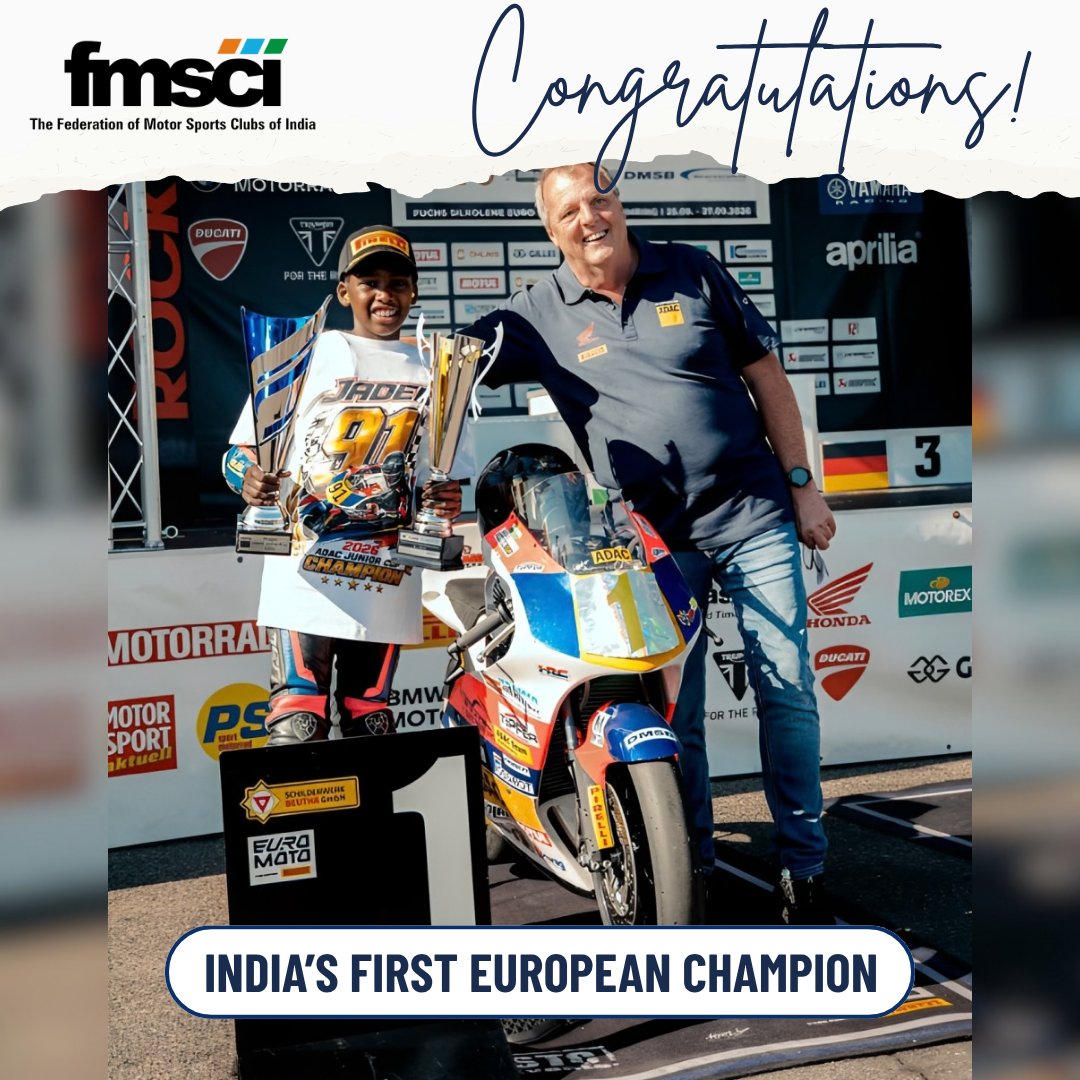 fmsci's tweet photo. Jaden, 14, from Chennai — crowned ADAC Junior Cup 2026 Champion in Germany!

🇮🇳 First Indian rider to win a European Motorcycle Racing Championship

6 Wins • 8 Podiums • Multiple Pole Positions

19 European Podiums (2024–2026)

Congratulations, Jaden! 🏁 https://t.co/aXQ9niGczB