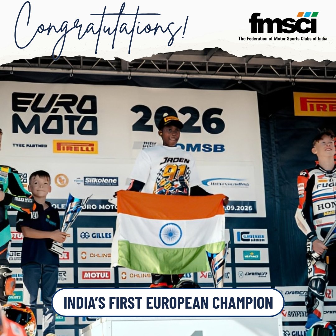 fmsci's tweet photo. Jaden, 14, from Chennai — crowned ADAC Junior Cup 2026 Champion in Germany!

🇮🇳 First Indian rider to win a European Motorcycle Racing Championship

6 Wins • 8 Podiums • Multiple Pole Positions

19 European Podiums (2024–2026)

Congratulations, Jaden! 🏁 https://t.co/aXQ9niGczB