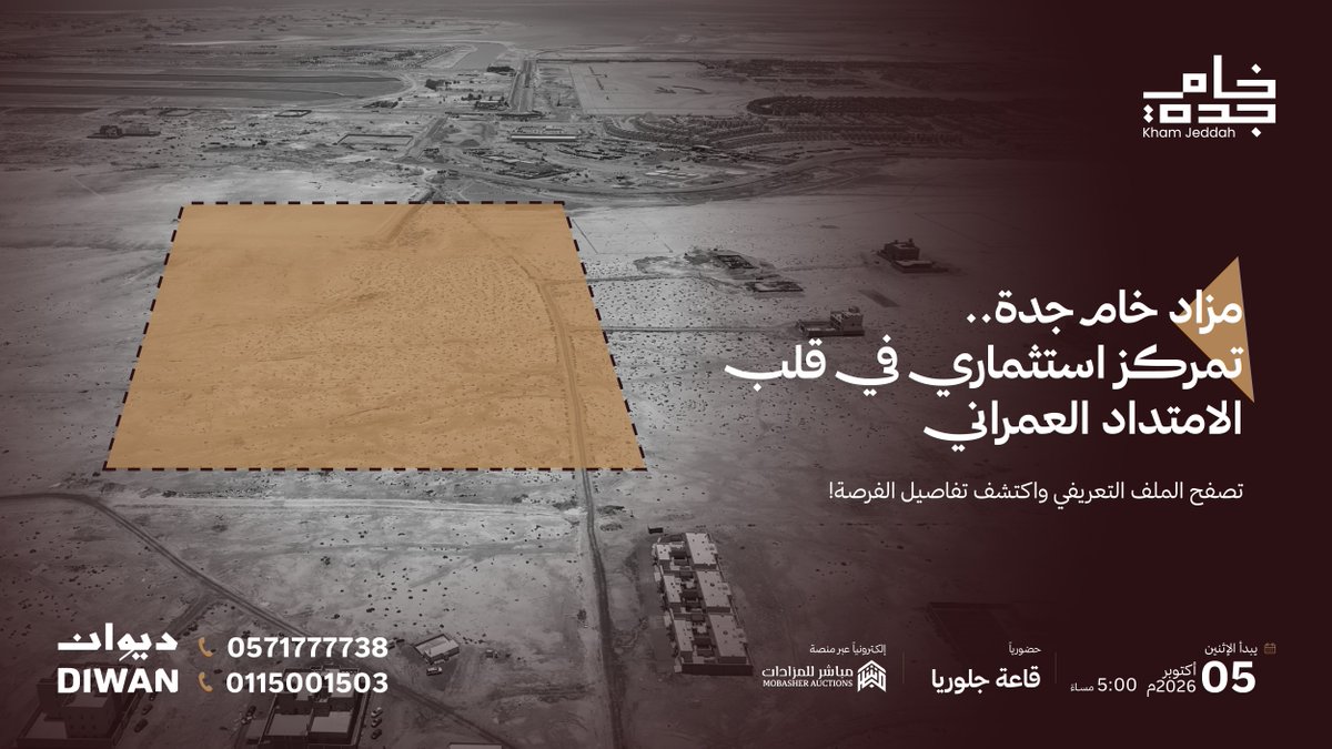 kham_jeddah's tweet photo. في عروس البحر الأحمر، تُرسم آفاق التطوير العمراني. يطرح مزاد خام جدة أرضًا خامًا تتجاوز مساحتها 149 ألف م²، لتشكل ركيزة استراتيجية تلبي رؤى الاستثمار والتطوير لكبار المطورين.

​• الإثنين 5 أكتوبر 2026م | 5:00 مساءً
• حضوريًا في قاعة جلوريا وإلكترونيًا عبر منصة مباشر