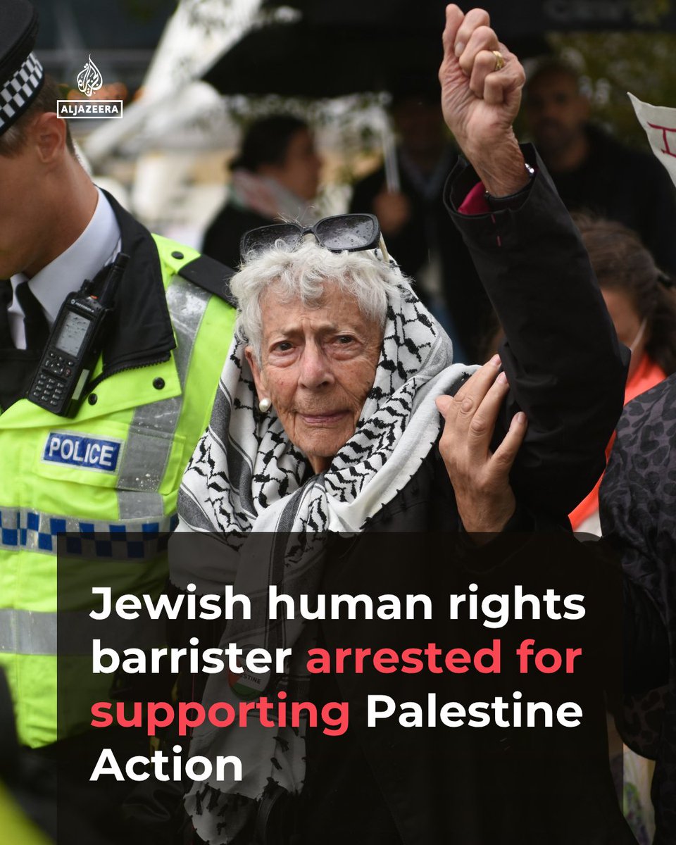 AJEnglish's tweet photo. 94-year-old Jewish human rights lawyer Margaret Owen has been arrested after protesting in support of Palestine Action, a proscribed group under the UK’s Terrorism Act in July 2025.

Owen said she was “proud and glad to have finally joined the club” https://t.co/fwYR1OxaG4 https://t.co/rif8n2QtR1