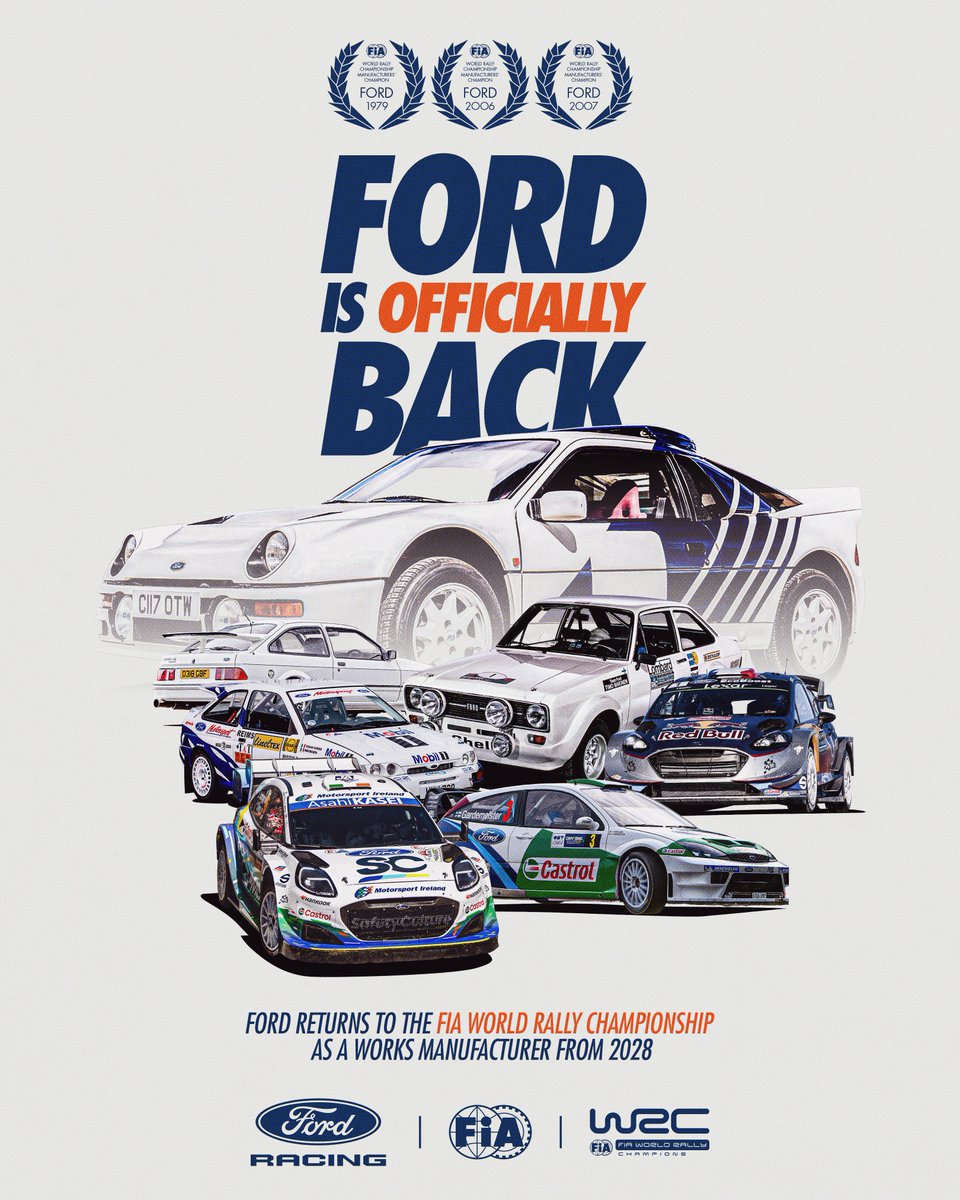 fia's tweet photo. AN ICON RETURNS! 🔵

From the championship’s foundations in 1973, to its modern era, @FordRacing Blue Oval has been part of the FIA World Rally Championship every step of the way 🏆

In 2028, Ford returns as a full works manufacturer. In 2029, the next chapter begins with an all-new WRC car built to the FIA’s new technical regulations 🤩

The legacy continues 💪

#FIA #WRC