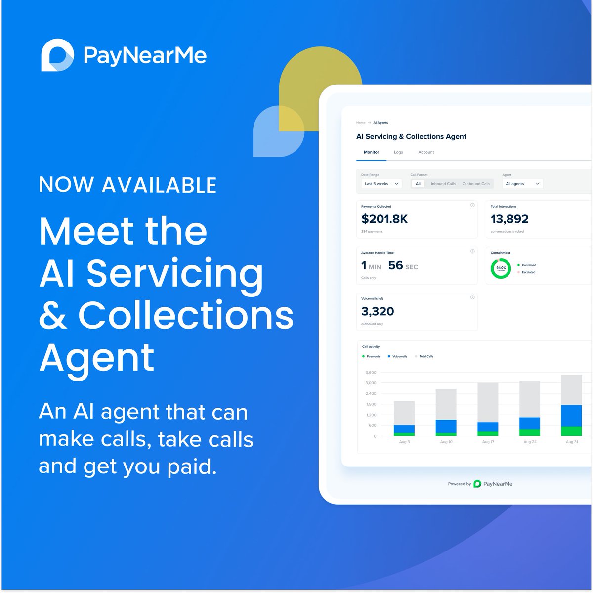 PayNearMe's tweet photo. Today, we’re launching the AI Servicing and Collections Agent, a new agent built directly into the PayXM™ platform to expand inbound self-service and outbound engagement.

Read the announcement: https://t.co/xkjlj26Zdg https://t.co/IQL5VEUoYj