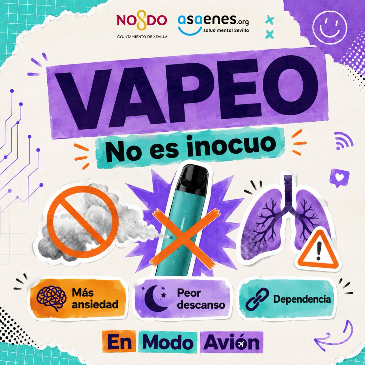 ASAENES's tweet photo. 🎮⚡💨 Videojuegos, bebidas energéticas, vapeadores, bolsas de nicotina…

▪️Son productos, hábitos y formas de ocio cada vez más presentes en la vida cotidiana de adolescentes y jóvenes. 

👉Por eso, contar con información clara y herramientas prácticas es fundamental tanto para quienes los utilizan como para sus familias.

✈️Desde #EnModoAvión trabajamos con jóvenes y familias para abordar estas realidades de forma cercana, accesible y natural.

👉 En este carrusel ponemos el foco en cuatro de ellas:
🎮 Videojuegos
⚡ Bebidas energéticas
💨 Vapeadores
🟦 Bolsas de nicotina

🗣️Hablaremos sobre qué son, qué riesgos pueden tener, qué señales conviene observar y cómo pueden afectar a aspectos cotidianos como el sueño, el estado de ánimo, las relaciones, la alimentación o el rendimiento.

👥 A través de En Modo Avión, desarrollamos formación y materiales específicos para jóvenes y familias, adaptando los contenidos y las estrategias a las necesidades de cada grupo.

📲 Esta iniciativa se enmarca en el trabajo de prevención de adicciones impulsado por el @Ayto_Sevilla a través de Sevilla Libre de Adicciones y la campaña municipal TRICO.

🌐 En Sevilla Libre de Adicciones puedes encontrar información, recursos de prevención y entidades de apoyo de la ciudad, entre ellas Asaenes.

🔗 https://t.co/ut2a7vMriQ

✈️ Desconectar también es volver a conectar con tus planes, tu gente y contigo.

#EnModoAvión #Asaenes #SaludMental #PrevenciónDeAdicciones  #TRICO #SevillaLibreDeAdicciones