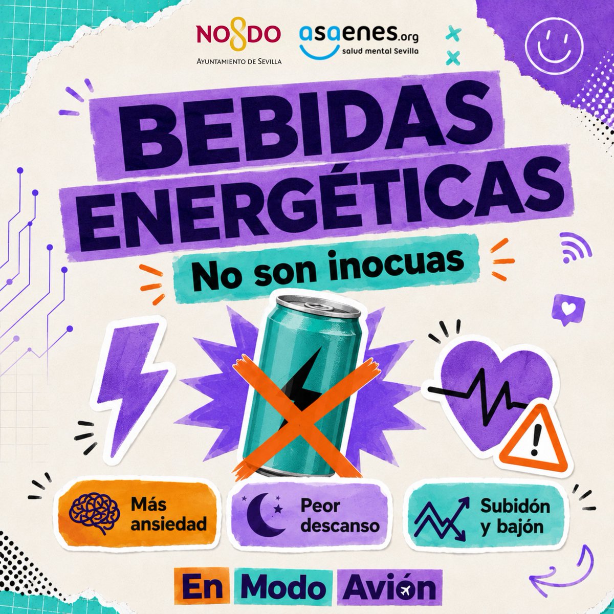 ASAENES's tweet photo. 🎮⚡💨 Videojuegos, bebidas energéticas, vapeadores, bolsas de nicotina…

▪️Son productos, hábitos y formas de ocio cada vez más presentes en la vida cotidiana de adolescentes y jóvenes. 

👉Por eso, contar con información clara y herramientas prácticas es fundamental tanto para quienes los utilizan como para sus familias.

✈️Desde #EnModoAvión trabajamos con jóvenes y familias para abordar estas realidades de forma cercana, accesible y natural.

👉 En este carrusel ponemos el foco en cuatro de ellas:
🎮 Videojuegos
⚡ Bebidas energéticas
💨 Vapeadores
🟦 Bolsas de nicotina

🗣️Hablaremos sobre qué son, qué riesgos pueden tener, qué señales conviene observar y cómo pueden afectar a aspectos cotidianos como el sueño, el estado de ánimo, las relaciones, la alimentación o el rendimiento.

👥 A través de En Modo Avión, desarrollamos formación y materiales específicos para jóvenes y familias, adaptando los contenidos y las estrategias a las necesidades de cada grupo.

📲 Esta iniciativa se enmarca en el trabajo de prevención de adicciones impulsado por el @Ayto_Sevilla a través de Sevilla Libre de Adicciones y la campaña municipal TRICO.

🌐 En Sevilla Libre de Adicciones puedes encontrar información, recursos de prevención y entidades de apoyo de la ciudad, entre ellas Asaenes.

🔗 https://t.co/ut2a7vMriQ

✈️ Desconectar también es volver a conectar con tus planes, tu gente y contigo.

#EnModoAvión #Asaenes #SaludMental #PrevenciónDeAdicciones  #TRICO #SevillaLibreDeAdicciones
