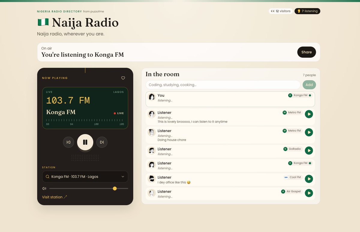 unclebigbay143's tweet photo. I loved listening to the radio while playing Lagos Run, but I wanted to keep listening after I stopped playing.

So I built this 😂📻🇳🇬
Listen to Nigerian radio anytime, from anywhere.
https://t.co/iV40A7iQAJ, see you in the room! https://t.co/rfYE3XxFnU