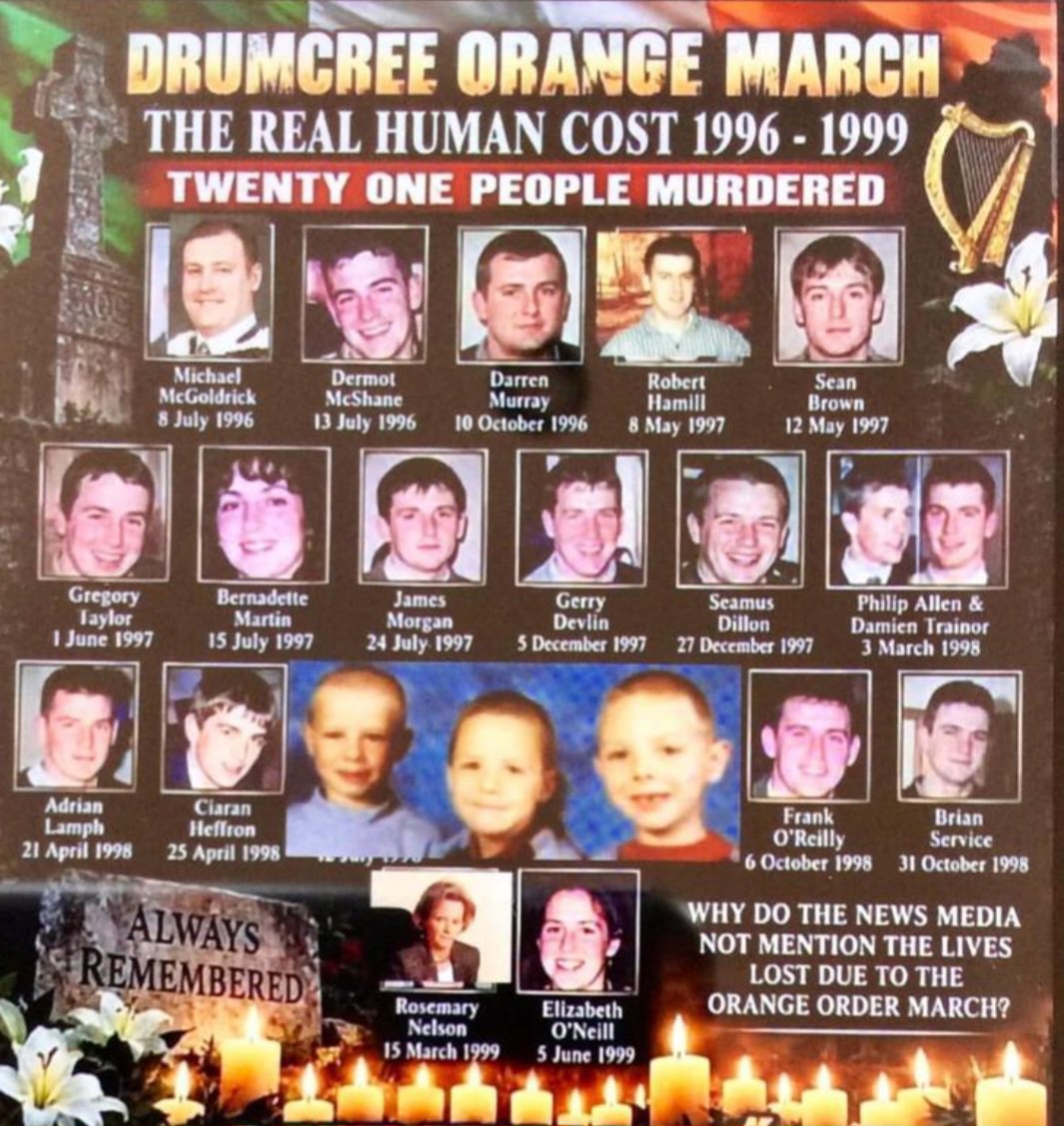 ColmMcCormack4's tweet photo. @Alan__Shatter There is NO equivalence...the rotten coat trailing orange BIGOTS who MURDERED 21 people including 2 ruc officers over their 'orange supremist' march... I respect ANYONE who stood with rhe people of Garvaghy... Michele O'Neil did the RIGHT THING in this instance. https://t.co/YmmQ8DIGd8