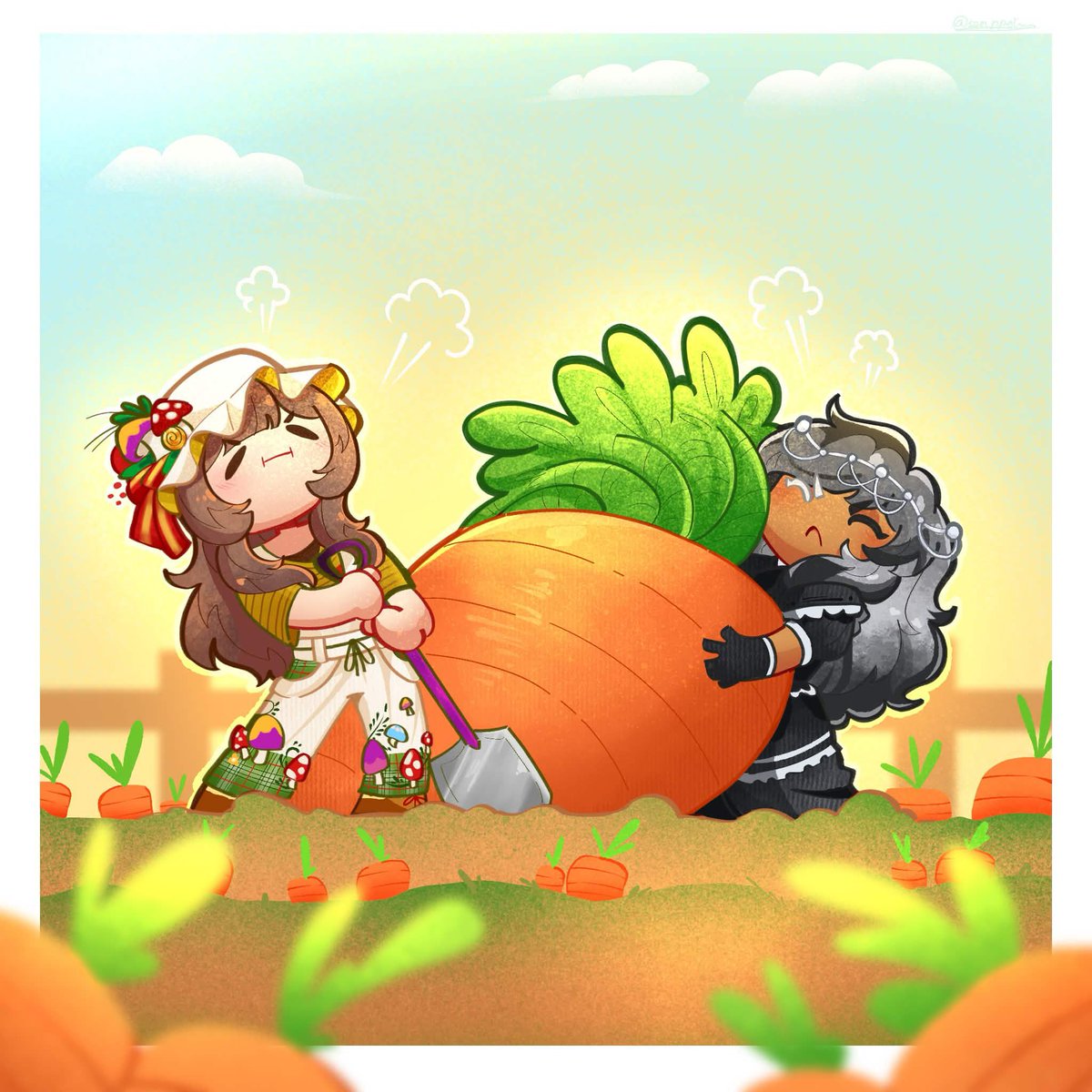 RememberedStory's tweet photo. “I’ll often go back to this photo [unknown] took of Mycie and I trying to pull this carrot we somehow found. If only we could go back to those days…”

🎨: @/senppoi 
(Thank you @Mycenas_Cottage for buying this for us!) https://t.co/G5Z35UhhP2