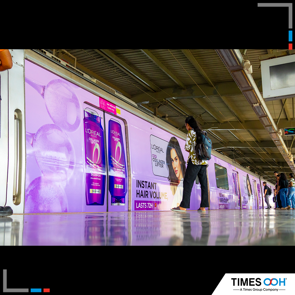 times_ooh's tweet photo. L’Oréal takes its newly launched shampoo to the @mumbaimetroone with an exclusive train wrap.Covering the length &amp; breadth of the city, the premium beauty brand connects directly with its aspirational women audience via impactful inside &amp; outside train branding. #TimesOOH https://t.co/CYi8uOfxjJ
