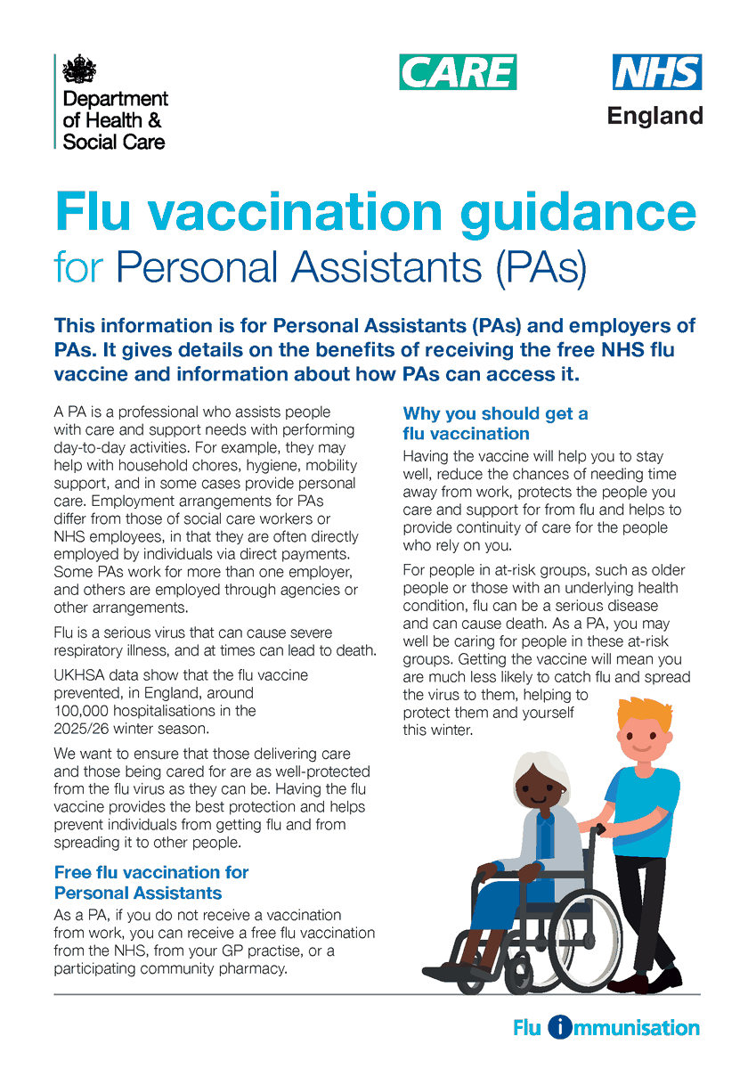 PAs_Recruitment's tweet photo. Free flu vaccinations are available for Personal Assistants (PAs). You can get your free NHS flu vaccine from your GP practice or a participating community pharmacy.

Find out more: https://t.co/t0N77gUoZ0 https://t.co/zu7kbd5rt8