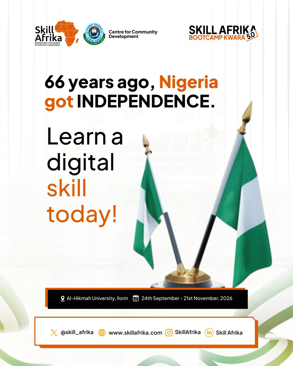 skill_afrika_'s tweet photo. 66 years of independence 🇳🇬✨, and the journey continues!

Nigeria’s independence reminds us of the power of freedom, growth, and possibility. Today, having the right digital skills can open doors to new opportunities and help you build your own path. https://t.co/ZweNEPIyfY