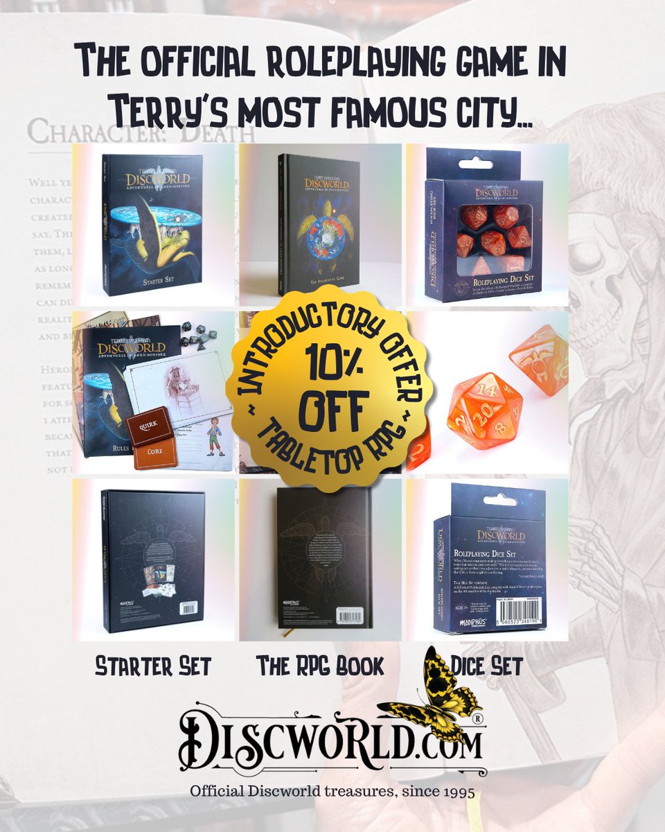 Discworld_com's tweet photo. Starter Set ~ The RPG Book ~ Dice Set

INTRODUCTORY OFFER ~ 10% OFF

Discworld: Adventures in Ankh-Morpork. The official roleplaying game in Terry's most famous city. Contains everything you need to set off on an epic adventure. You might even learn a thing or two along the way. Including, but not limited to, the dangers of sausages, the ingenuity of rocks, and possibly even how to play this game.

📰 https://t.co/R5L0dbhDG7

#Discworld #DiscworldOfficial #TerryPratchett #TTRPG #DiscworldTTRPG #roleplayinggame #Modiphius