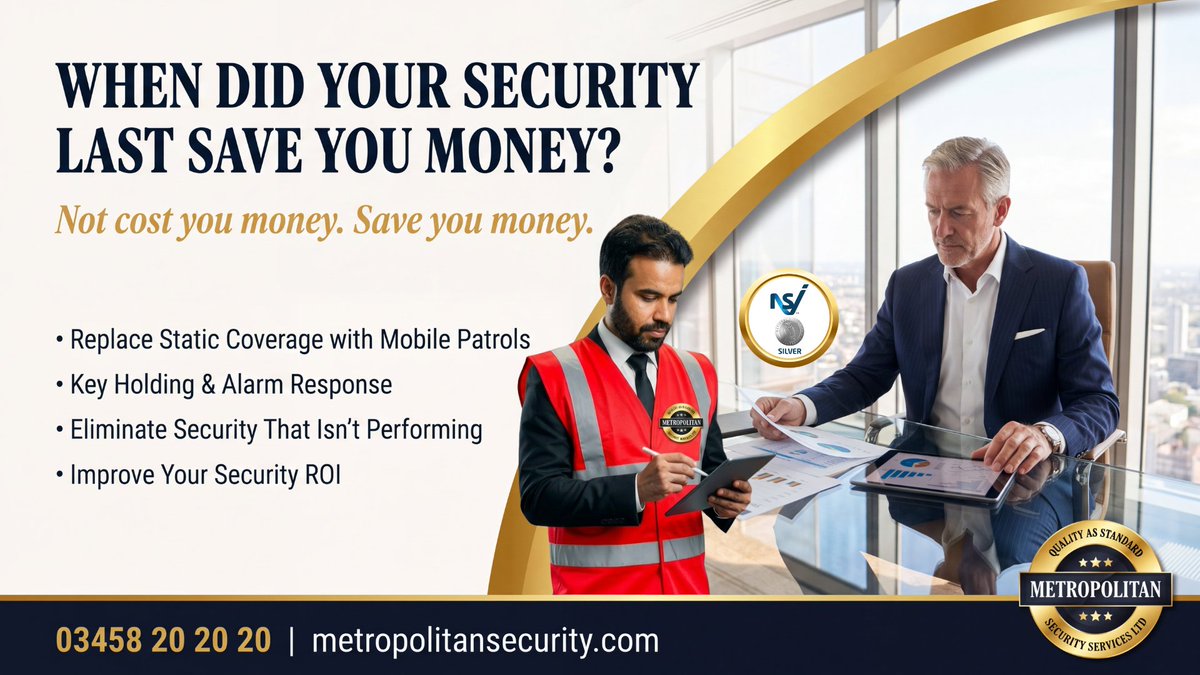 MetropolitanSS2's tweet photo. 💷 Here's a question worth asking your security provider:

“Where have you helped us reduce unnecessary security costs?”
Not:
How many officers do we have?
Not:
How many hours are we paying for?
But:
“How are you helping us get better value from our security investment?”... https://t.co/rpwUKwoiLr