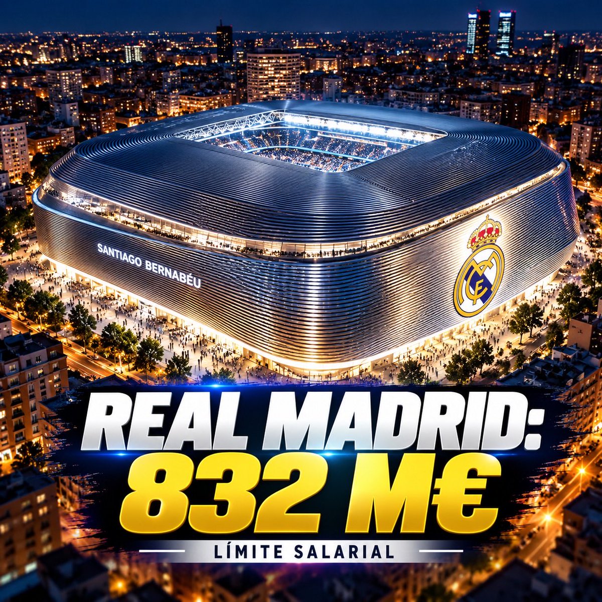 GOALSTATSLAB's tweet photo. ⚪💰 El Real Madrid alcanza los 832 millones de euros de límite salarial, la cifra más alta de LaLiga. El club blanco encabeza la capacidad de gasto de los equipos de Primera División. https://t.co/dyck4tOJmm