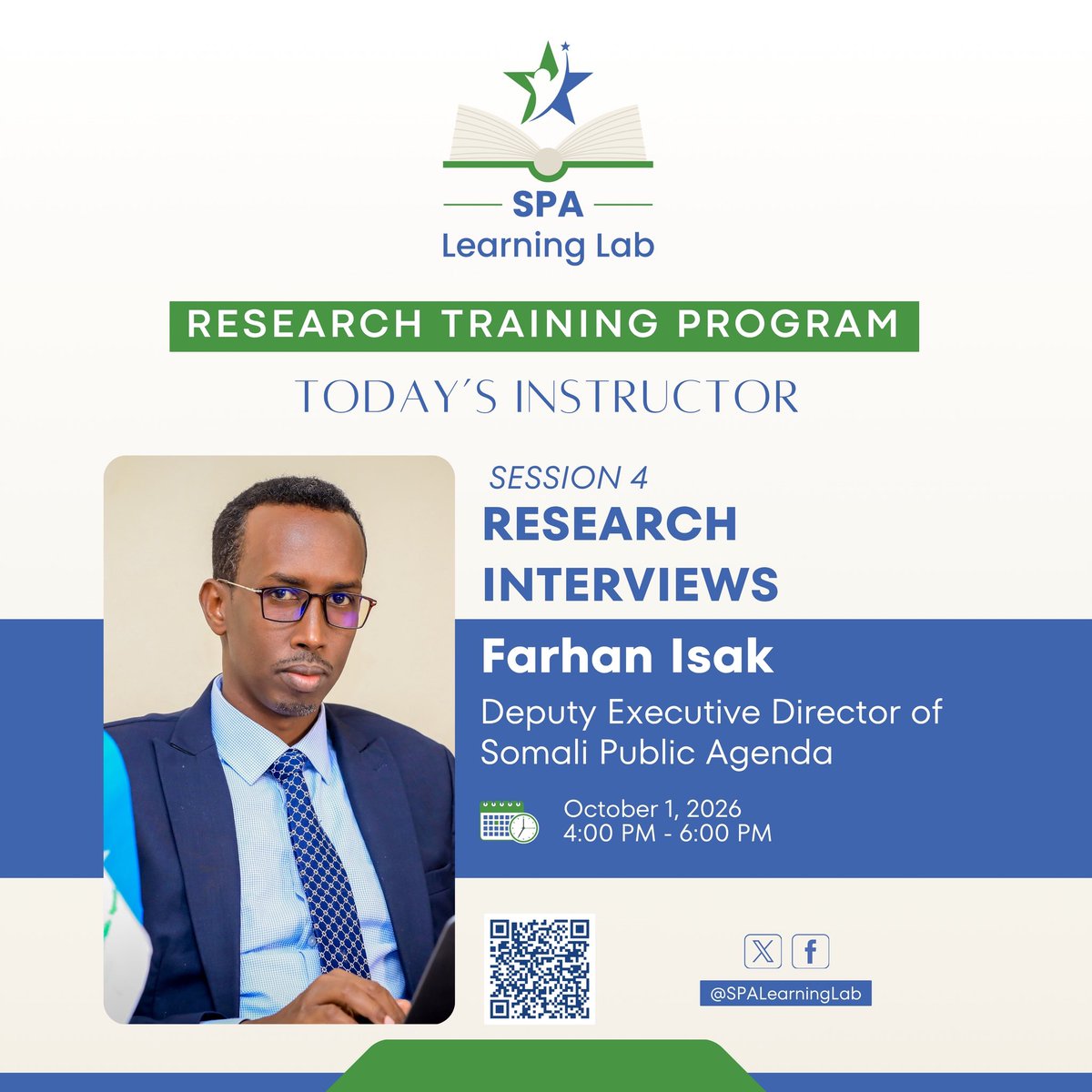SPALearningLab's tweet photo. Waa xiisaddii 4aad ee tababarka cilmibaarista. Casharka galabta waxaa mar kale bixin doona Agaasime Kuxigeenka SPA, @FarhanShabel. 

#SPLearningLab #Research #Training https://t.co/aT8EyQkLaD