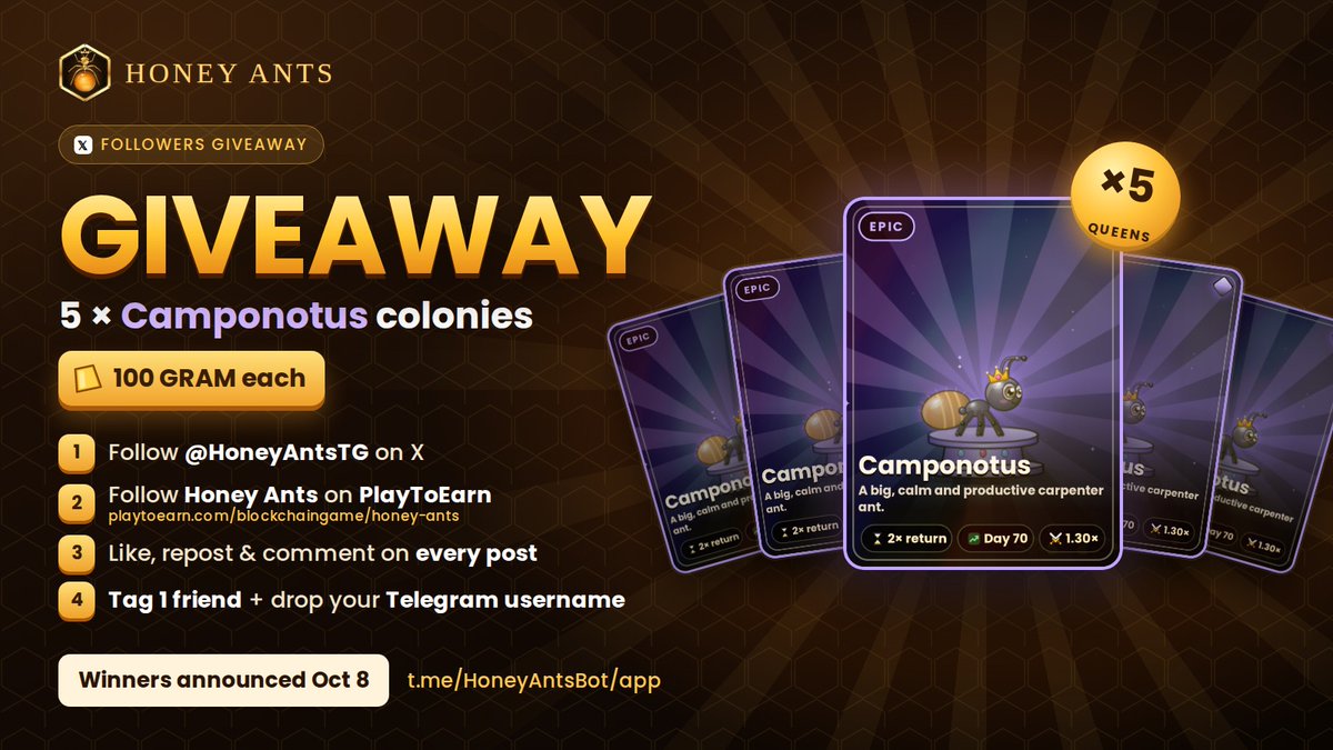 HoneyAntsTG's tweet photo. 🐜 FOLLOWER GIVEAWAY 🎁

5 Camponotus colonies, 100 GRAM each!

✅ Follow @HoneyAntsTG 

⭐ Follow on PlayToEarn: https://t.co/zQYG4Ni2TB 

❤️ Like, RT & comment on every post 

👥 Tag 1 friend + TG username 

🏆 Winners: Oct 8

🎮 https://t.co/M4ZPCAe7d8
#HoneyAnts #GRAM #Giveaway #PlayToEarn #Web3‌‌