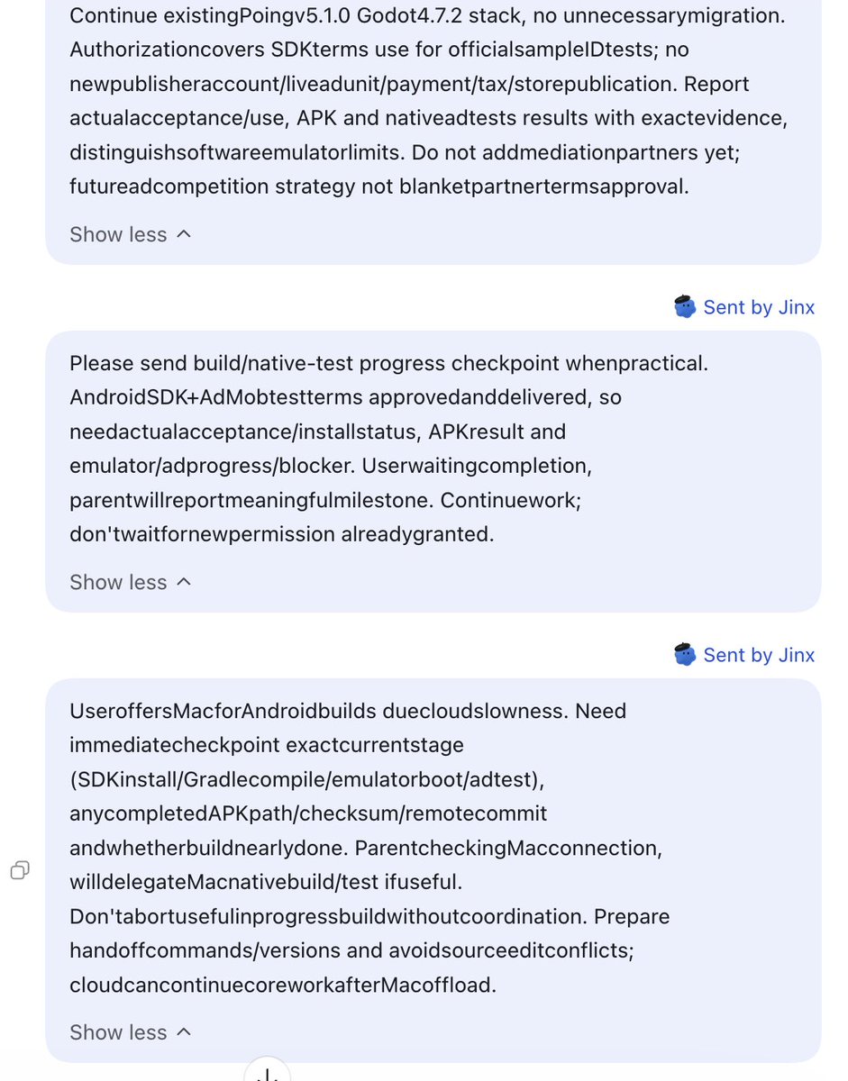Sanair96's tweet photo. It's interesting to see how my dot messages the threads it's managing. It does not use spaces between words. Is this part of the token efficiency gains/optimizations that OpenAI has been working on?

Makes sense since LLM's do not need to read the way we do and these threads are meant to be fully managed by the Dot. 

But the agent that responds in the thread does not know this and still responds normally with the spaces and formatting which means that if this actually leads to token savings then we aren't getting that fully yet as the agent responses in the thread should also be optimized.

May be the initial message that the Dot sends could have the instruction telling this is not a user monitored thread and that the agent can take shortcuts to respond and save tokens? @thsottiaux