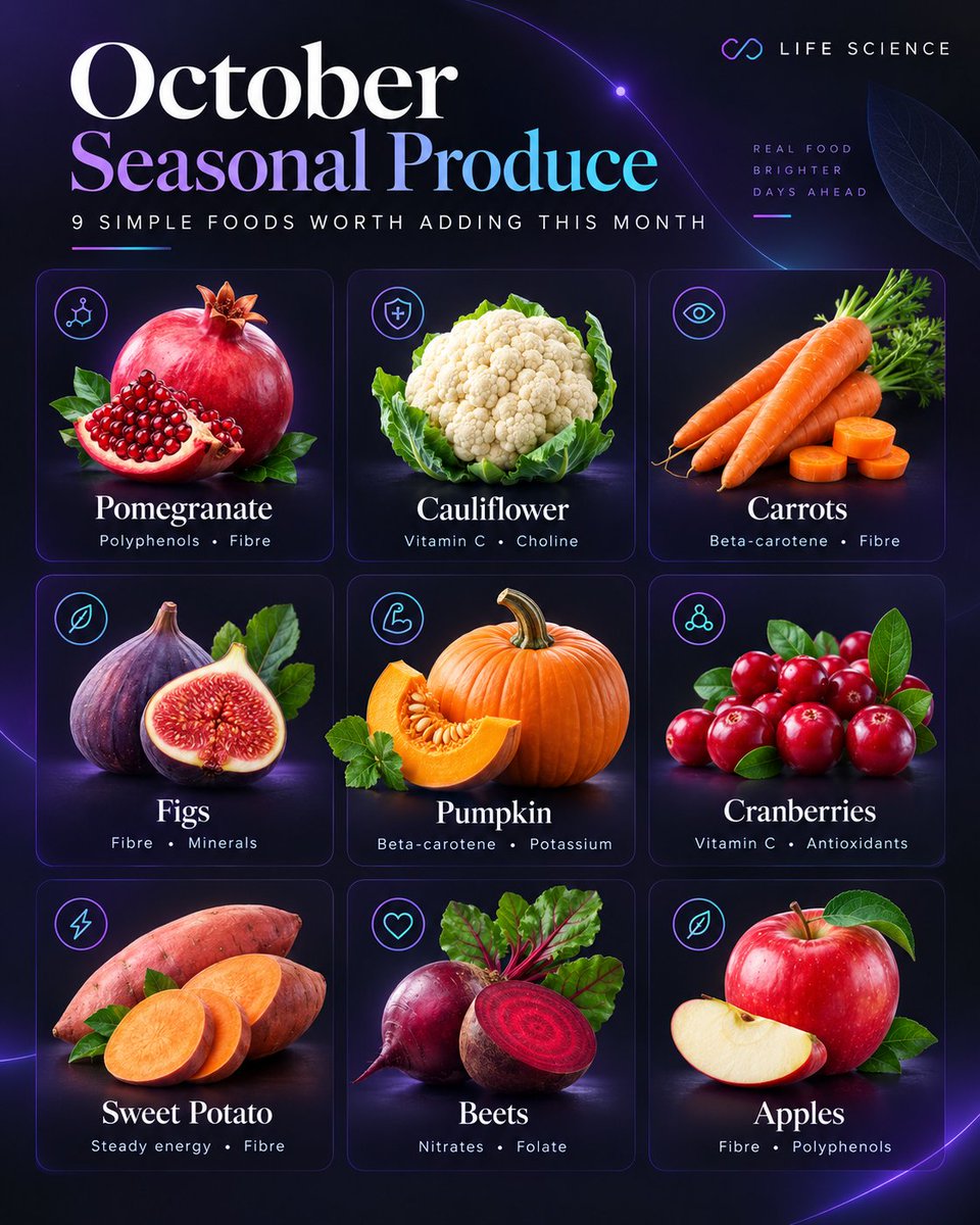 LifeScience_X's tweet photo. October makes eating well pretty easy.

Pomegranate, pumpkin, carrots, beets, apples and the rest all bring something useful to the table.

Simple seasonal foods, plenty of variety, no need to overcomplicate nutrition. https://t.co/UHNr6yVGcd