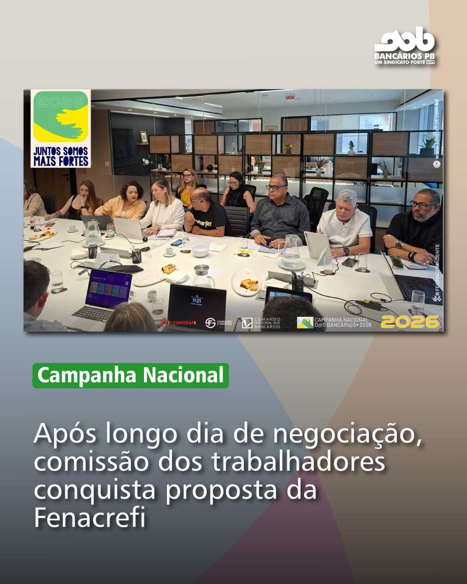 BancariosPb's tweet photo. [CAMPANHA NACIONAL]

A representação dos financiários esteve reunida durante toda esta quarta-feira (30), em SP, com a Fenacrefi, para a rodada de negociação da Campanha Nacional 2026. 

Veja mais no nosso site. https://t.co/0ErB6tgdEo