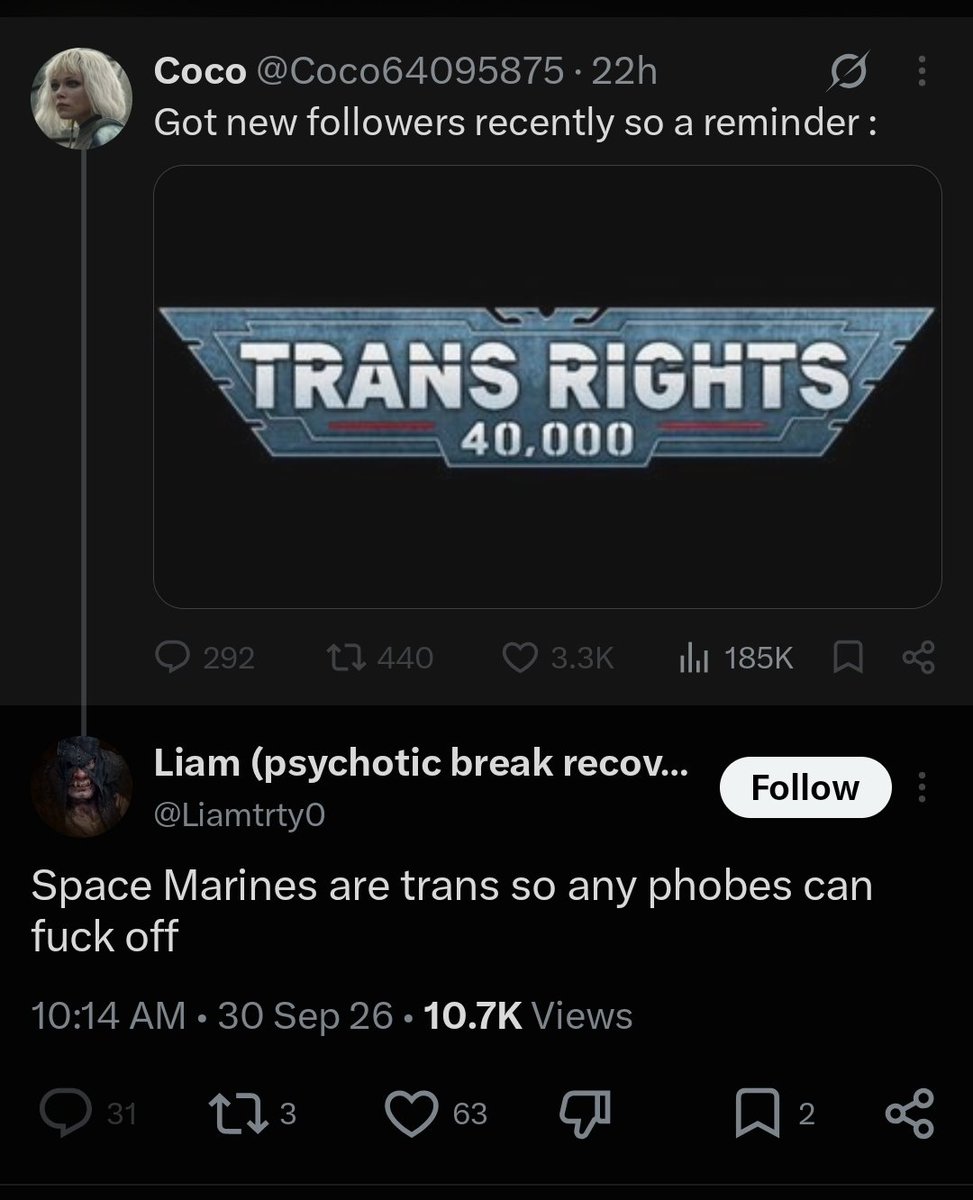MrAntiHero1's tweet photo. For the record I really dont give a shit if someone is trans. Like at all.

What I do care about is when someone has to constantly inject their personal politics into everything they interact with. Especially spaces that are meant to be about escapism or entertainment.

I shouldn't have someone proselytizing to me about what ever RL political bullshit that their entire life revolves around while I am trying to enjoy my far future space racists.

'aLl ArT iS pOlItIcAl'
KYS. Seriously. We know what you're doing when you say this and it doesn't come from any genuine sense of philosophy. It's said so you can give yourself lazy justification to inject your bullshit any place you want where other people dont want it and it doesn't belong.

So the next time you're sitting there wondering why 'the chuds' eviscerate you for 'no reason' it's because you post shit like what is in the screenshot.    Followed by the worst kind of smug superiority that you're on the 'right side of history' and that everyone who finds you annoying is in fact a phobe of some kind.

Not because you are trans but because you have to make sure that everyone knows that you're trans, that your life revolves around being trans, that everything you say and do is about being trans, and that everything in existence needs to constantly tell you that it is aware you are trans and that it is catering to your transness.

Let me tell you something that you desperately need to hear and understand.

You're not that important. You will never be that important. So shut up and let people enjoy the things they enjoy.