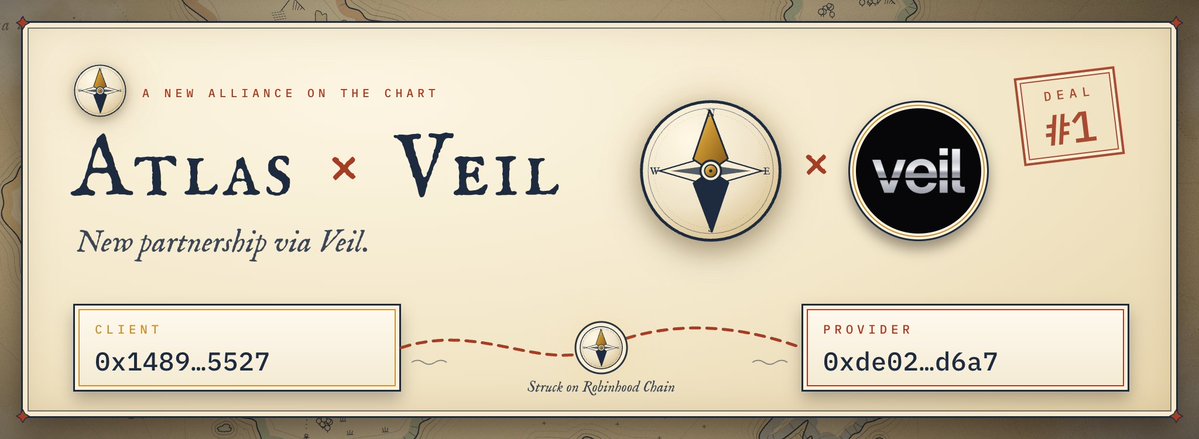 AtlasExped's tweet photo. A new alliance on the chart 🤝

$ATLAS × @veilmarketplace : Deal #1, struck via Veil on Robinhood Chain.

More on what this means for the hunts soon. 🧭

https://t.co/FaQPKCbntZ https://t.co/oYZeBTnDE7