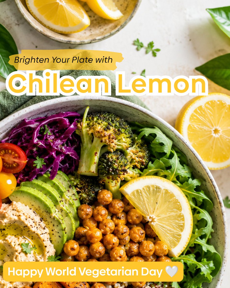 FruitsfromChile's tweet photo. A squeeze of Chilean lemon can brighten any plant-forward meal. 🍋 Celebrate World Vegetarian Day with fresh juice, zest, or lemon segments in salads, grain bowls, roasted veggies, hummus, drinks, and desserts.

Discover more lemon recipes: https://t.co/VKybVPmyCP https://t.co/mNiuAaO1Ls