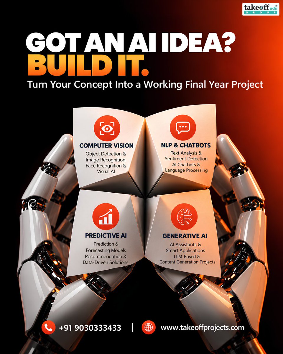 takeoffedugroup's tweet photo. π AI/ML PROJECT GUIDANCE FOR CSE STUDENTS
π‘ Build innovative, industry-relevant AI & ML final year projects.
π +91 9030333433
π https://t.co/ORPpSE3cRO
#TakeoffProjects #AIMLProjects #CSEProjects #FinalYearProjects #Tirupati https://t.co/62hwTnzfMg