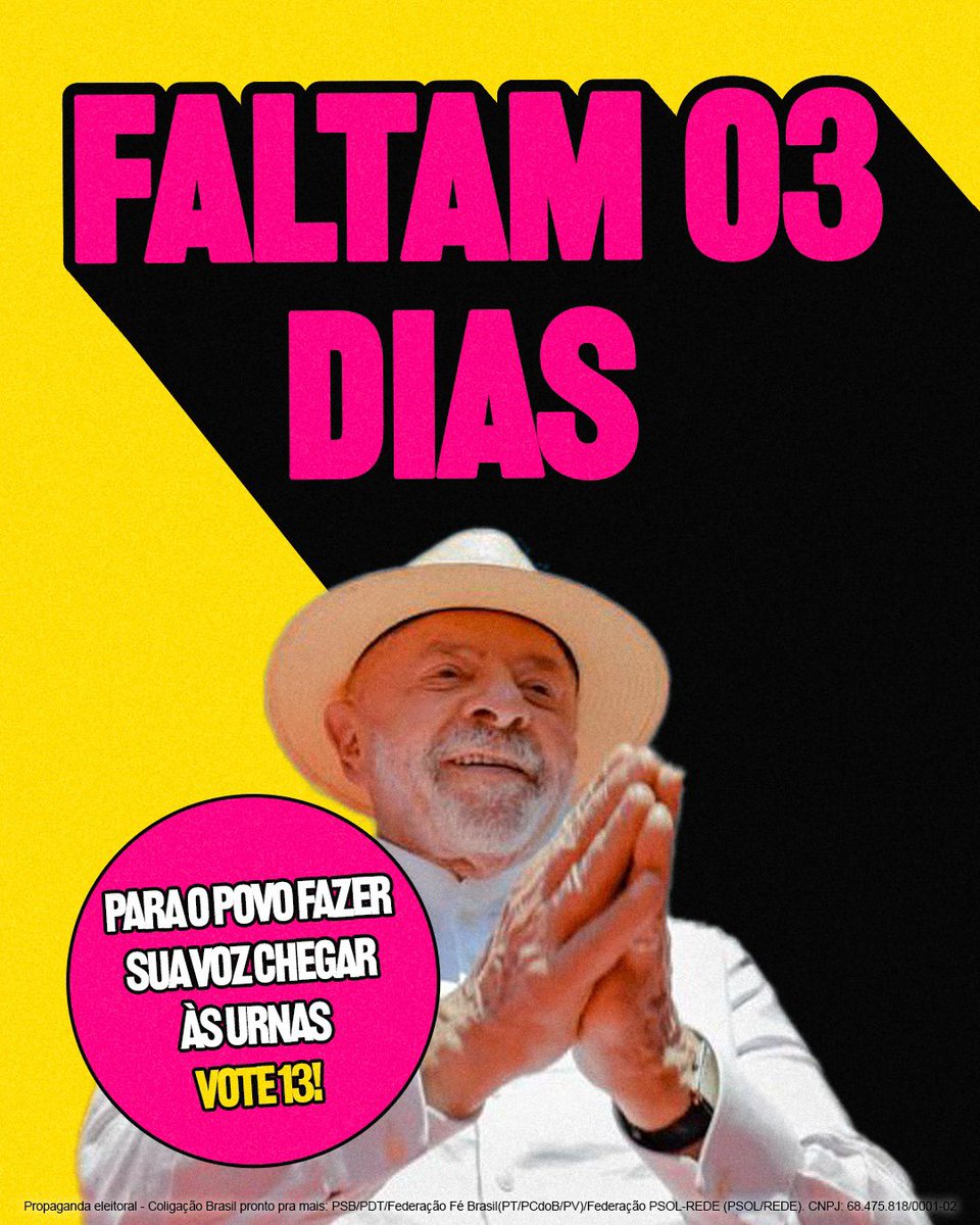 lulaverso's tweet photo. Falta muito pouco!

Apenas 3 dias para o grande momento em que o povo fala mais alto!

Compartilha com os seus amigos, conversa com a sua família e garante que todos vão votar.

A mudança depende de cada um de nós. Vote 13! 🇧🇷✨ https://t.co/9KDnpoBmF5