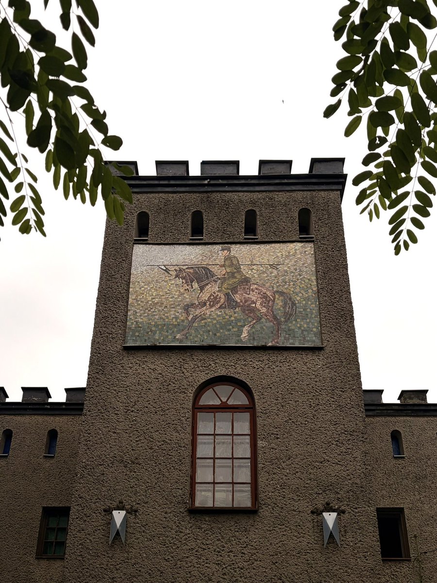 luxarbo's tweet photo. my polish grandfather’s derelict nineteen-eighties mock castle with a mosaic of him on horseback on the tower https://t.co/pryfnQ90ls